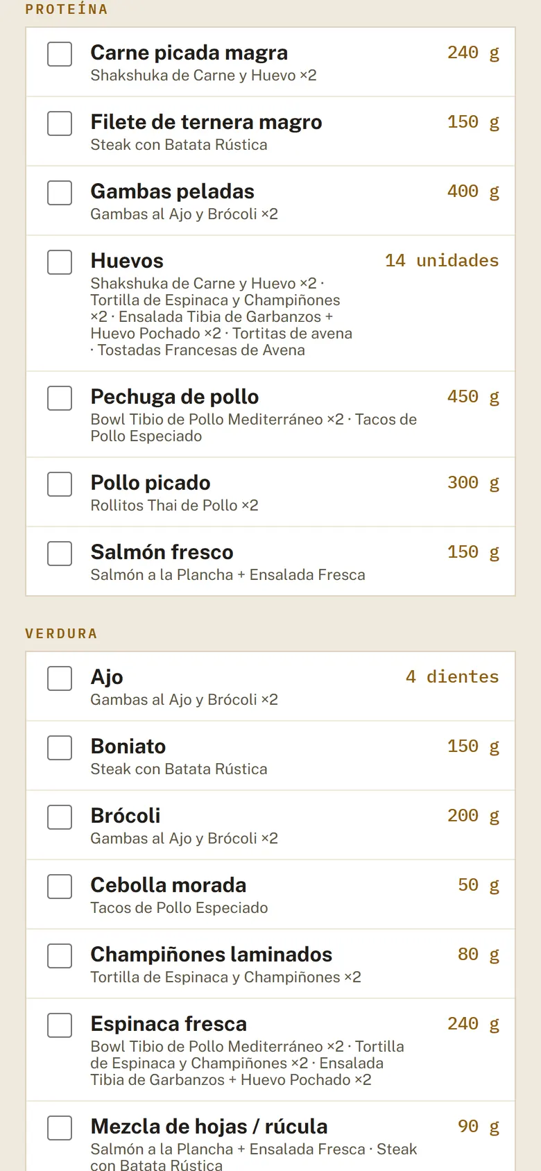 Captura real de la lista de la compra en el móvil: productos agrupados por secciones, con cantidades y la receta que los usa.